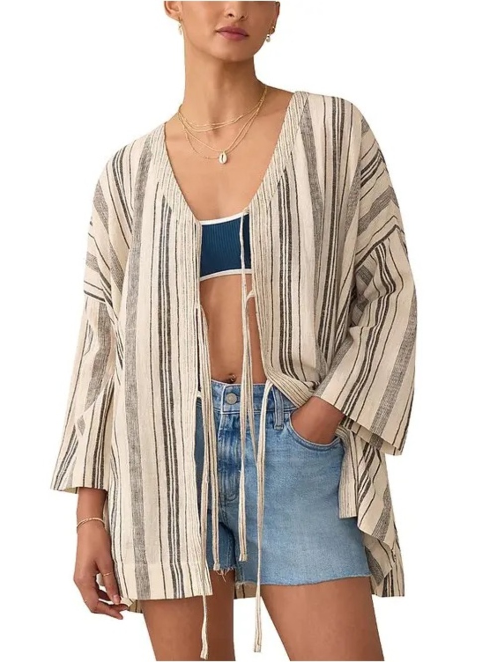 Faherty Striped Tie-Front Cardigan Kimono Jacket Cotton Linen Blend Size M